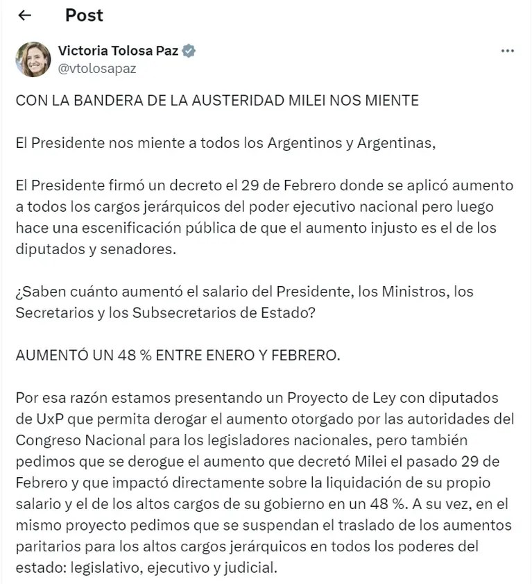 Victoria Tolosa Paz acusó al Presidente de haber firmado un decreto el 29 de febrero en el que aplicó un incremento de su salario, el de ministros y otros cargos jerárquicos (Foto: X / @@vtolosapaz).