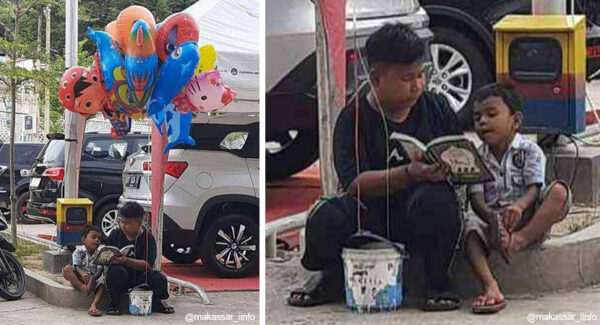 Un niño es fotografiado enseñando a leer a su hermano mas pequeño mientras lucha por salir adelante