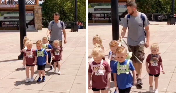 Un padre pasea a quintillizos con correas para no perderlos en los paseos, las criticas no se hacen esperar