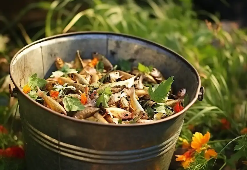 ein Metalleimer mit Fischresten