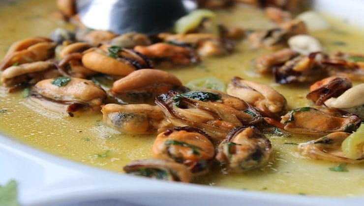 Gekochte und geschälte schwarze Muscheln