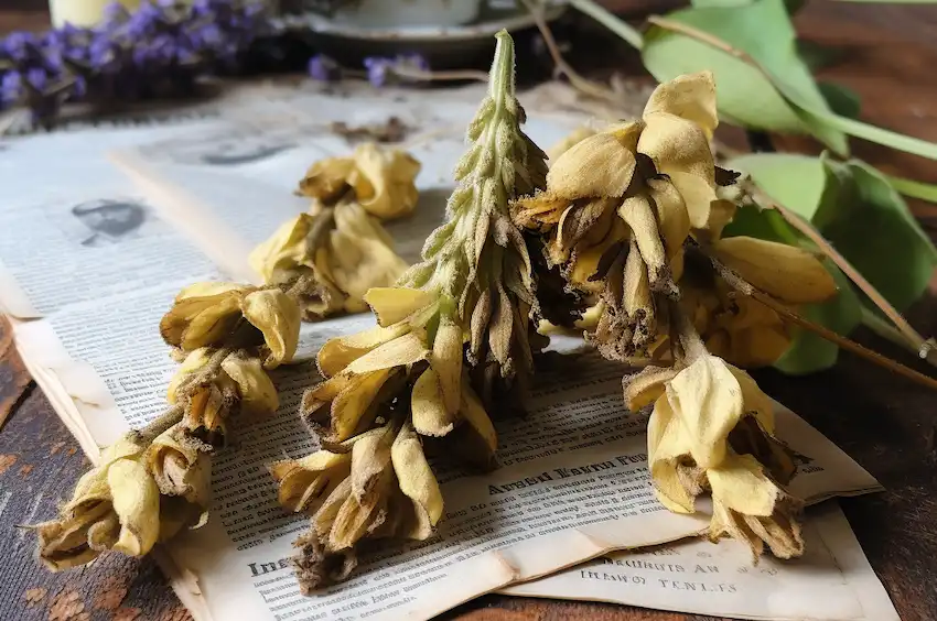 trockene Königskerze auf einer Zeitung