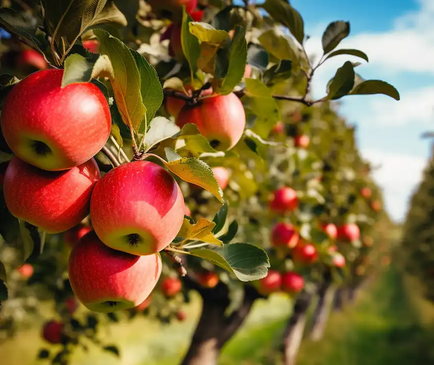Reihe von Apfelbäumen in einem Obstgarten