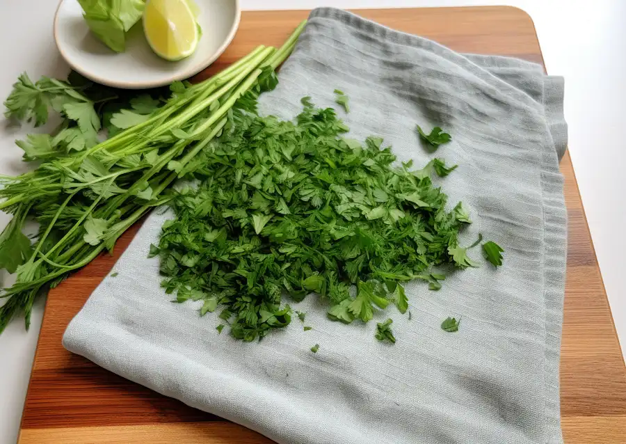 abgetropfte Petersilie auf einem Handtuch