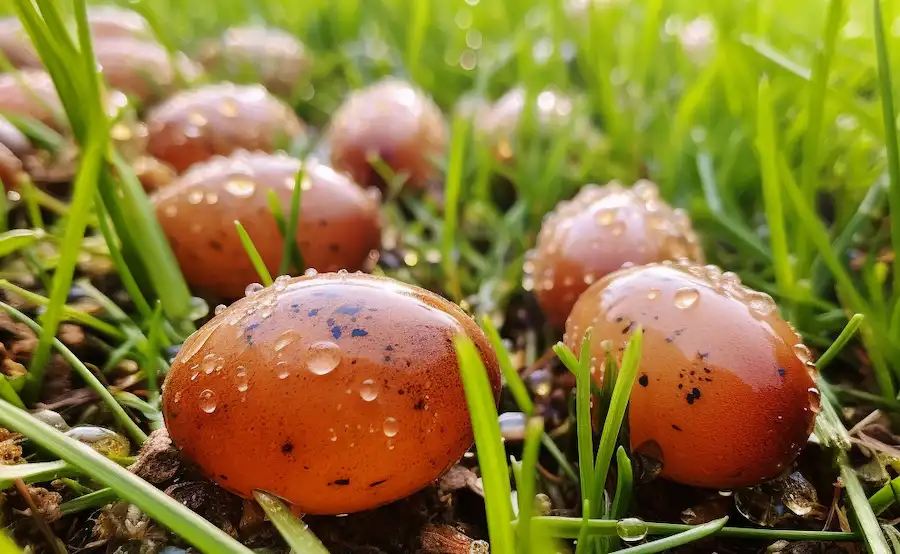 Zeckeneier, die auf dem Gras liegen