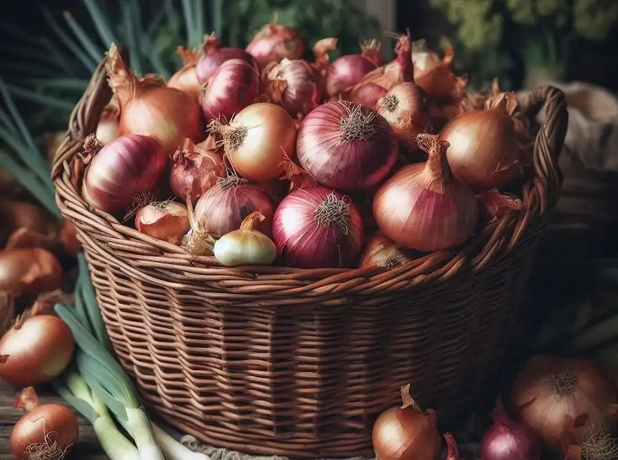 ein Korb mit geernteten Zwiebeln