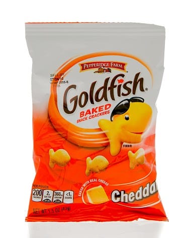 A bag of Goldfish baked crackers in cheddar flavor.