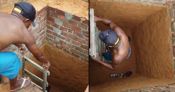 Man Lowers Down Into A Deep Well For A Cat Rescue With A Twist