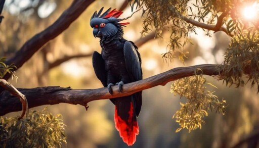 distinctive red tailed black feathers