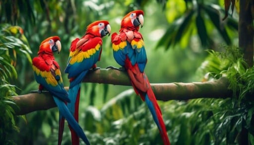 vibrant red tropical parrots