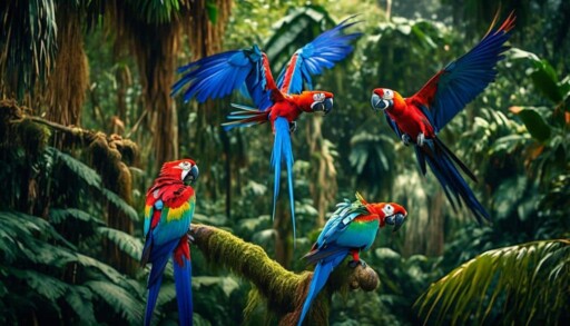 colorful parrots in rainforest