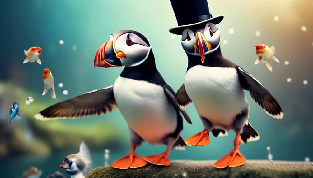 mischievous puffin wearing clown costume