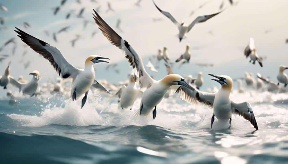 birds diving for fish
