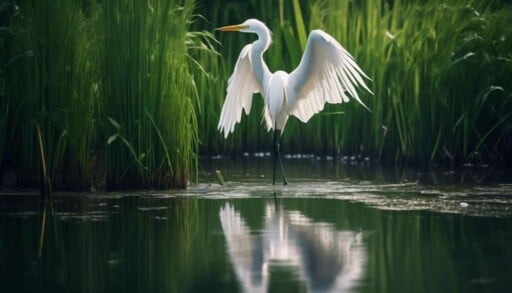 grazing egrets by river