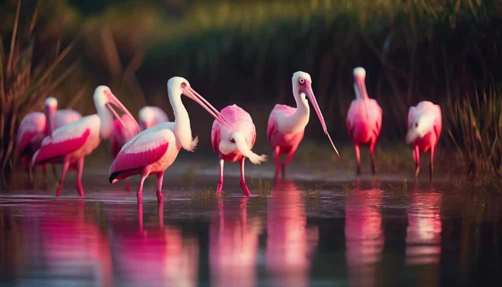 elegant pink spoonbills feeding