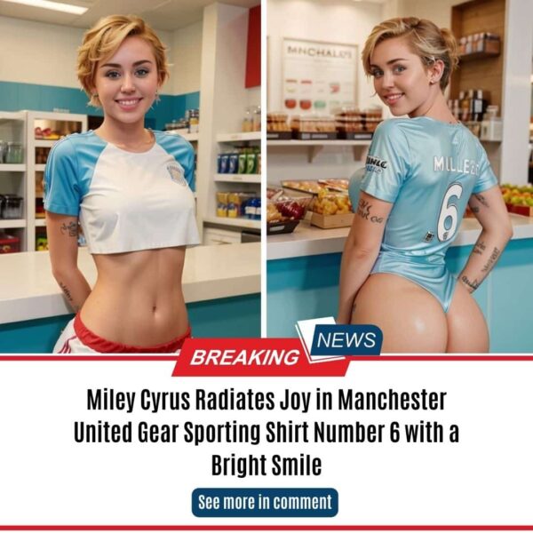Miley Cyrus Radiates Joy in Manchester United Gear Sporting Shirt Number 6 with a Bright Smile