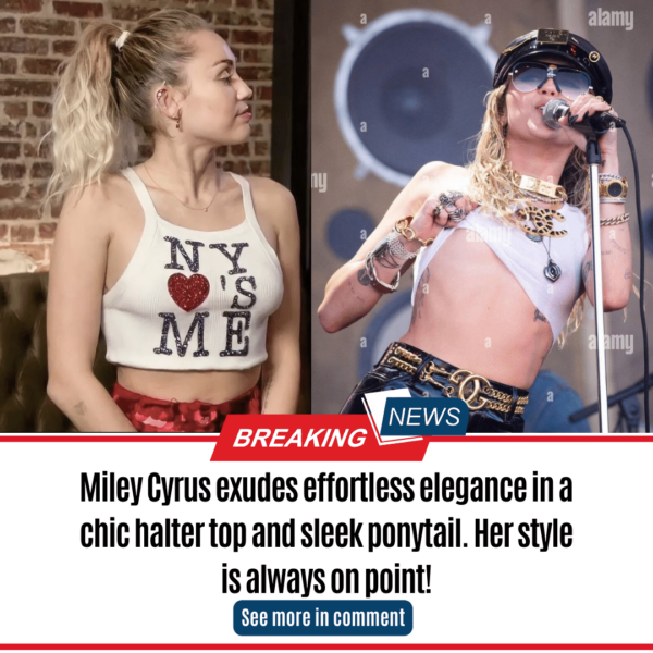 Miley Cyrus exudes effortless elegance in a chic halter top and sleek ponytail. Her style is always on point!
