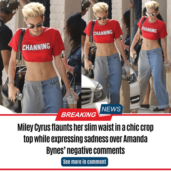 Miley Cyrus flaunts her slim waist in a chic crop top while expressing sadness over Amanda Bynes’ negative comments