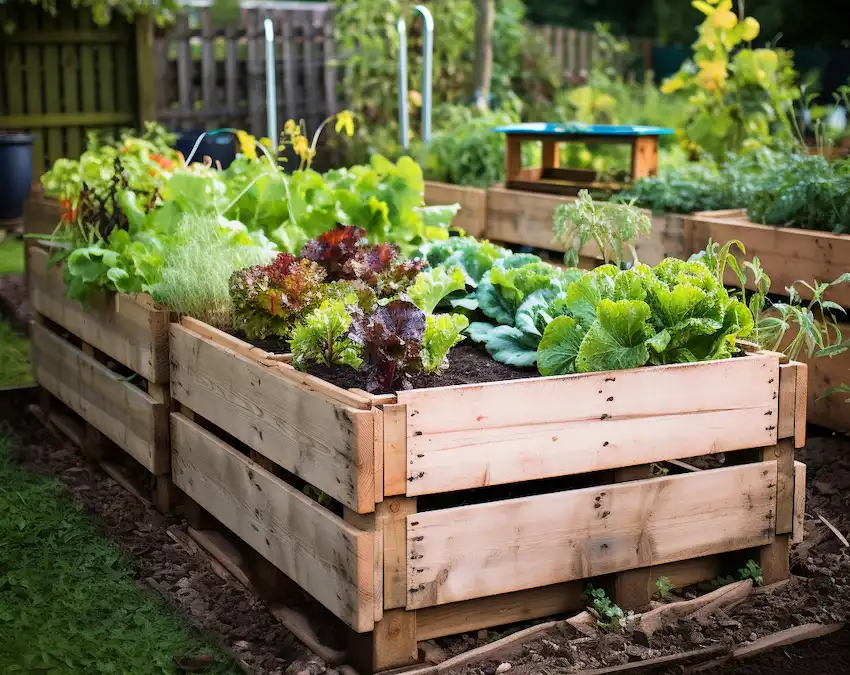 Hochbeete aus Holzpaletten im Garten