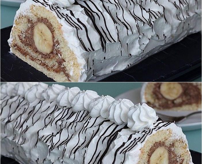 Banana-Split-Rolle: Bananen mit Schoko-Sahne-Creme umhüllt