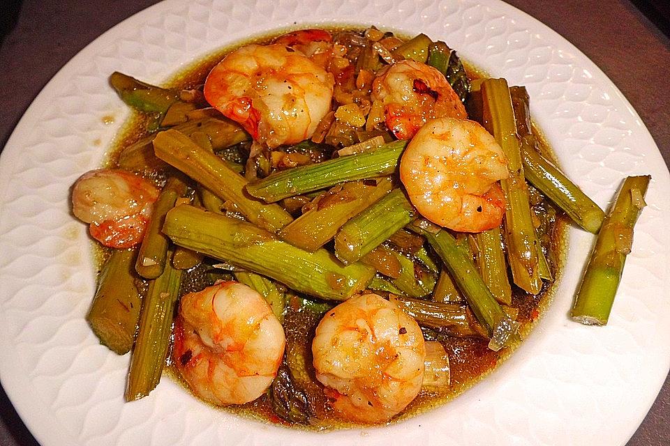 Garnelen mit grünem Spargel und Austernsauce