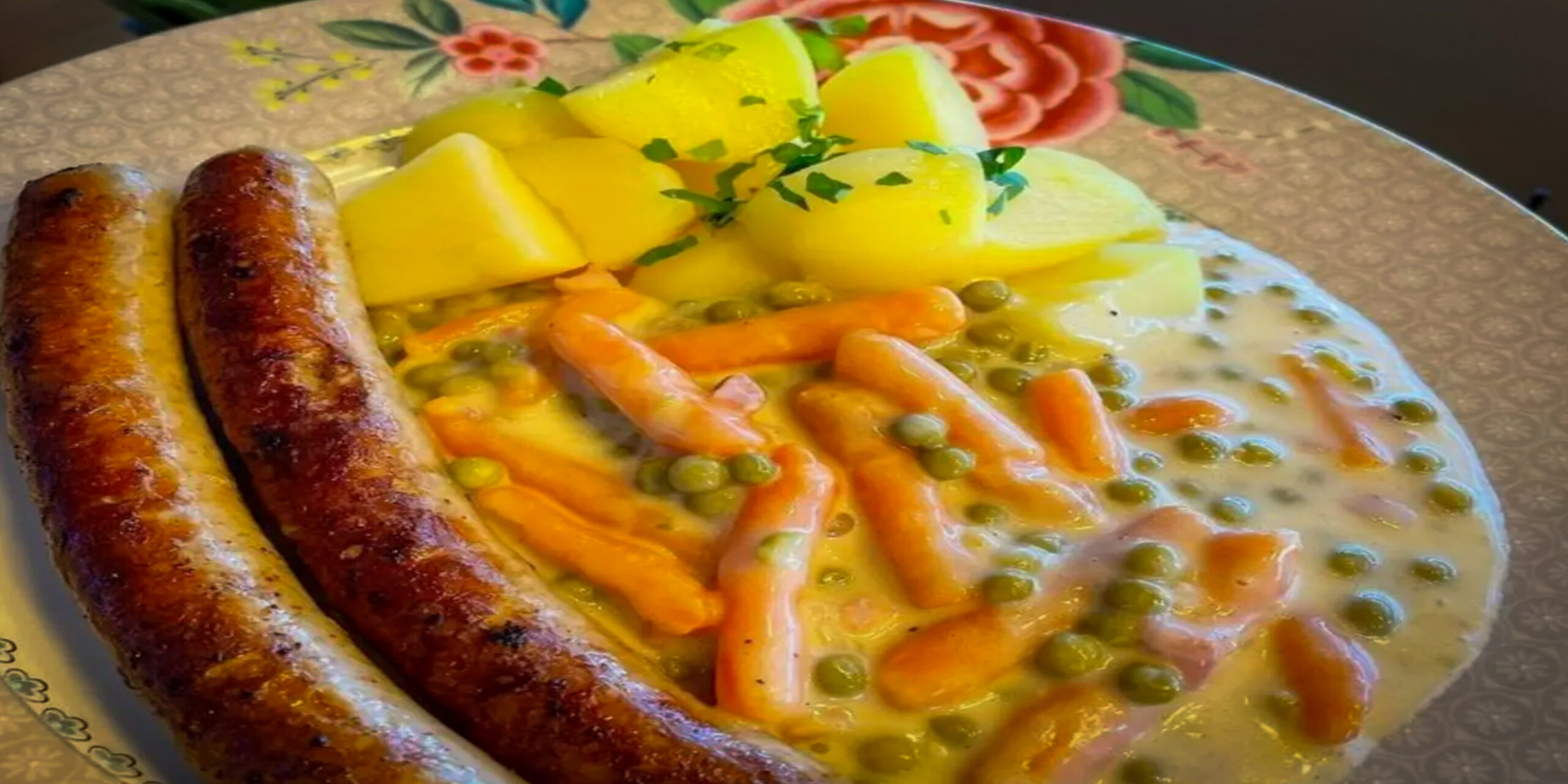 Gulasch Kartoffeln Erbsen und Möhren