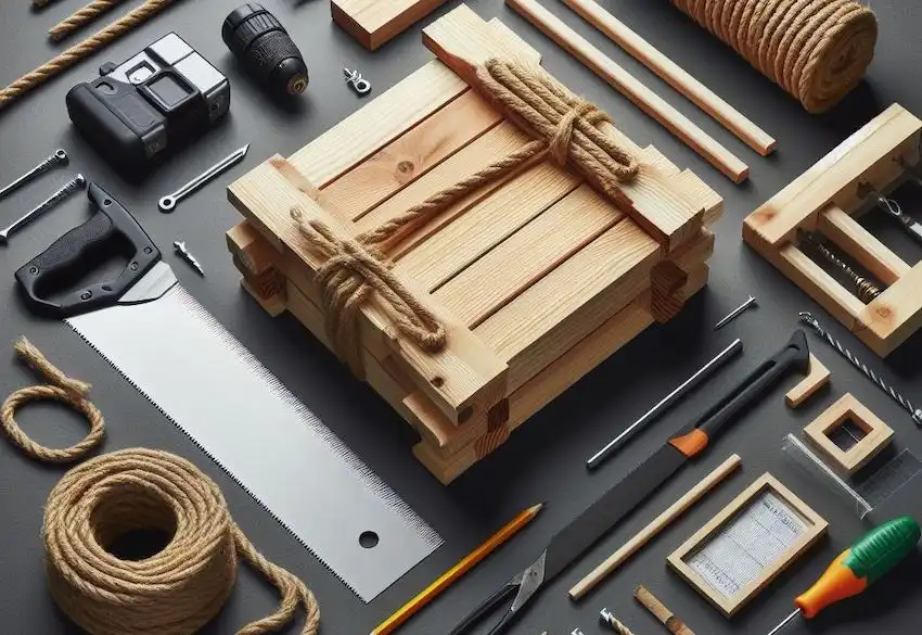 Planken Sie eine starke synthetische Seilsäge mit einem geeigneten Bohrer, einem Bleistift und einem Klebeband