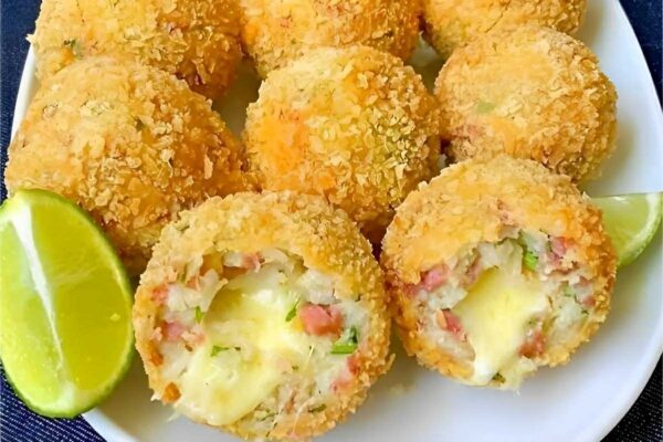 Bolinho de arroz bem recheado com presunto e queijo fica uma perfeição
