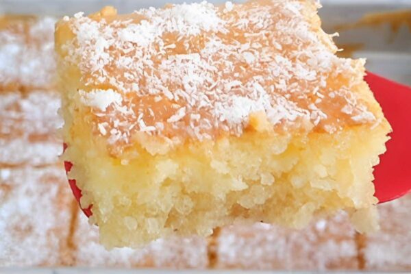 Bolo de tapioca molhadinho com cobertura de leite condensado e coco ralado
