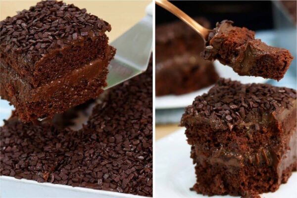 Bolo gelado de brigadeiro molhadinho com um recheio irresistível