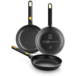 BRA Daily Pro - Set 3 sartenes aluminio fundido 20-24-28 cm antiadherentes tricapa sin PFOA, aptas para todo tipo de cocinas e inducción, Color Negro Y Amarillo