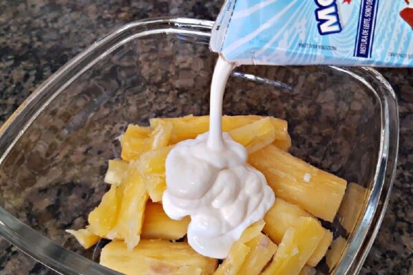 Misturei creme de leite com mandioca cozida e fiz uma deliciosa mandioca gratinada