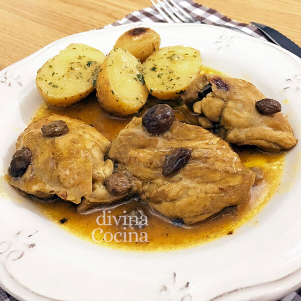 Pollo al vermut con pasas
