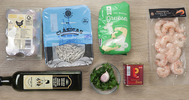 huevos, gulas y langostinos ingredientes huevos, gulas y langostinos ingredientes