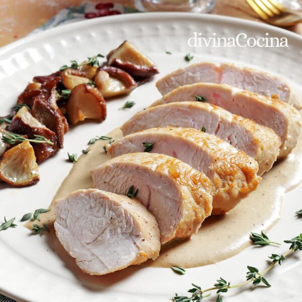 Solomillo de pavo guisado con salsa de setas