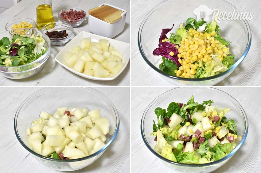 Ensalada de lechuga con jamón y melón.