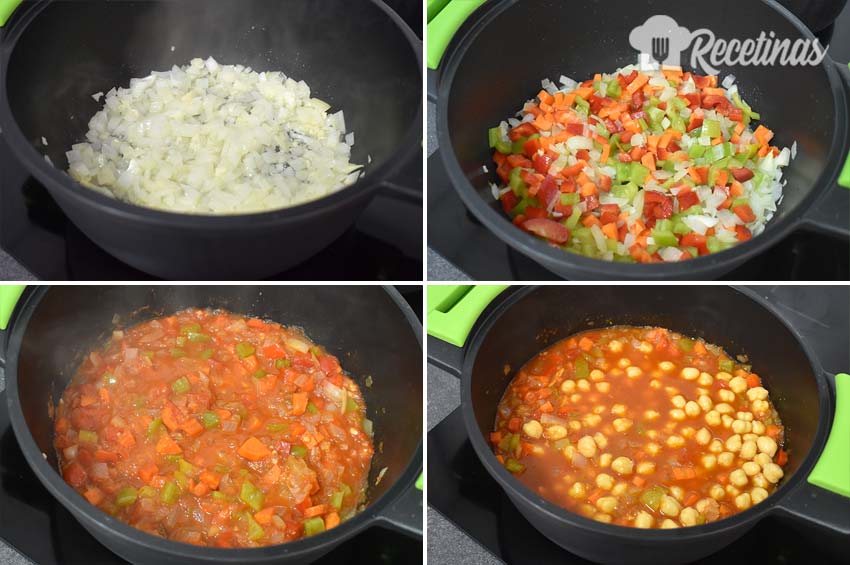 Preparación de los garbanzos guisados con verduras.