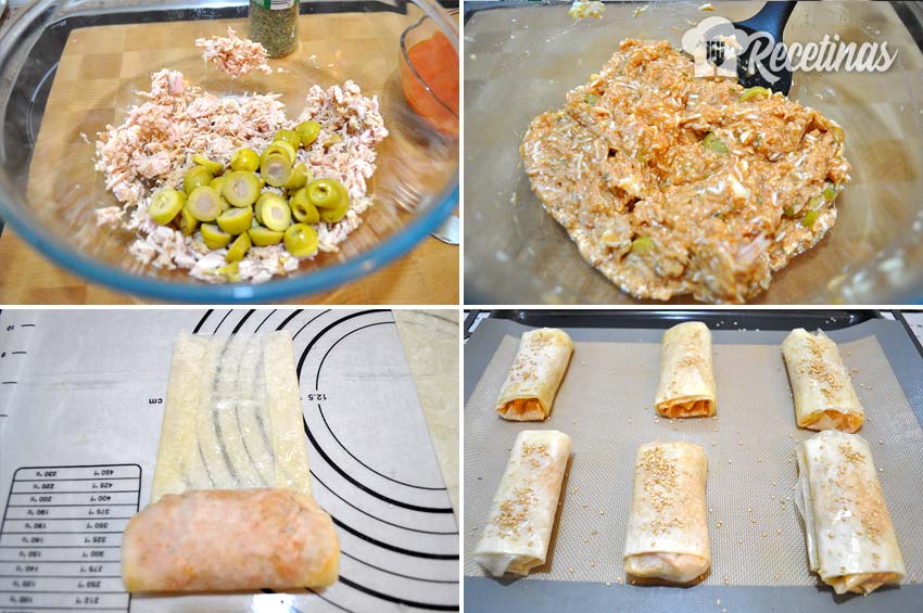 Rollitos de pasta filo rellenos de atún.