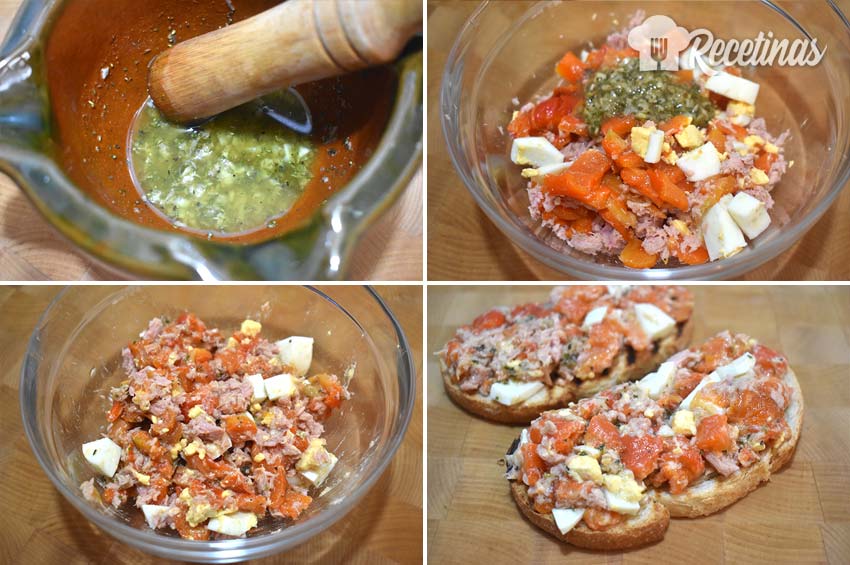 Tostadas con pimientos asados y atún.