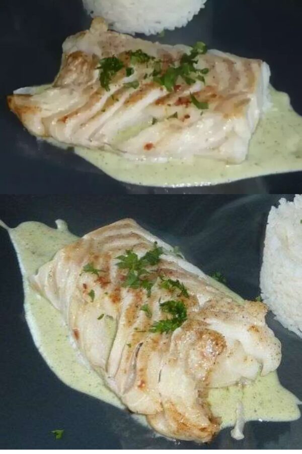 Dos de cabillaud et sa sauce à la crème d’ail et persil