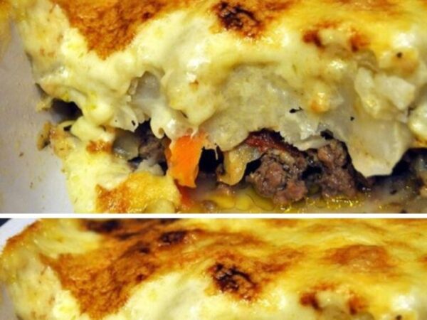 Gratin de chou-fleur sur une couche de viande hachée.