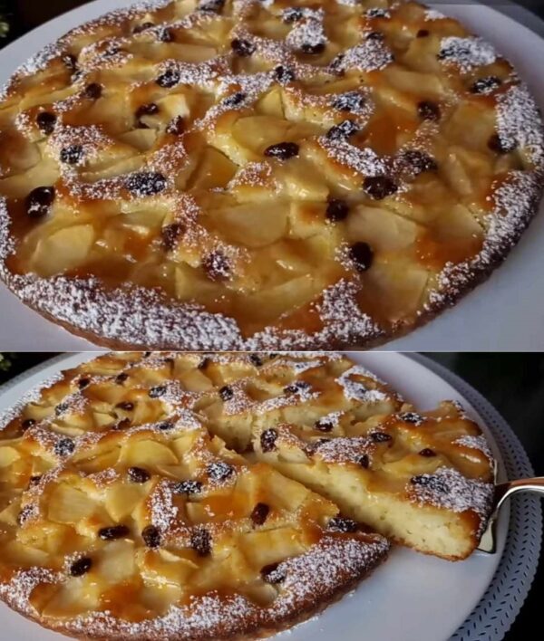 Gâteau simple et savoureux aux pommes, raisins secs et confiture