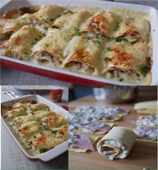 Lasagnes Roulées Au Jambon Et Champignons