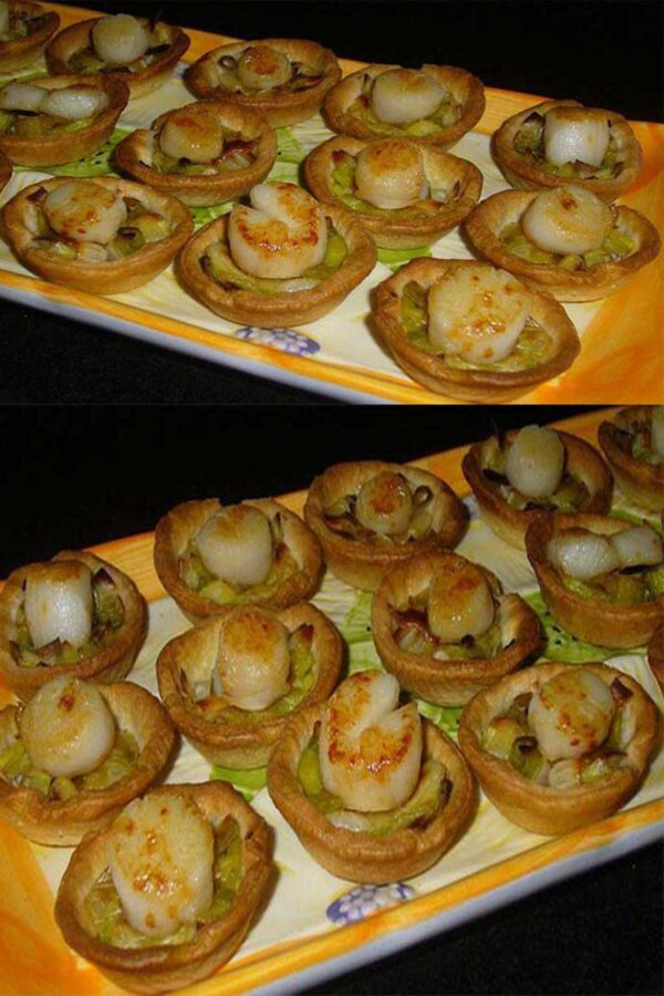 Mini-tartelettes Fondue de poireaux / Noix de St Jacques (sans corail)