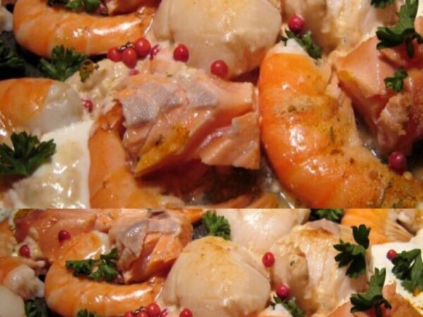 Poêlée de la mer, onctueuse et parfumée : Saint-Jacques, saumon et crevettes