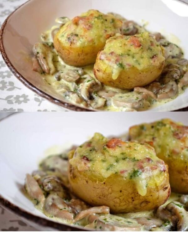 Pommes de terre farcies au lard et Reblochon champignons à la crème