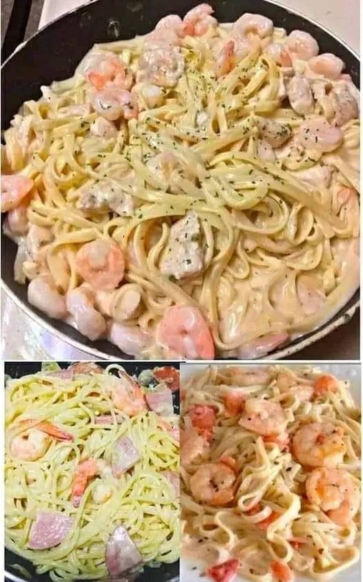 Spaghetti aux crevettes crémeuses.