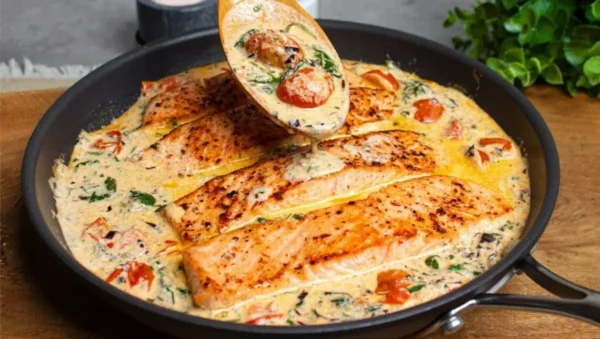 Voyage Culinaire en Toscane : Saumon Crémeux à l&rsquo;Ail, Épinards et Tomates Séchées