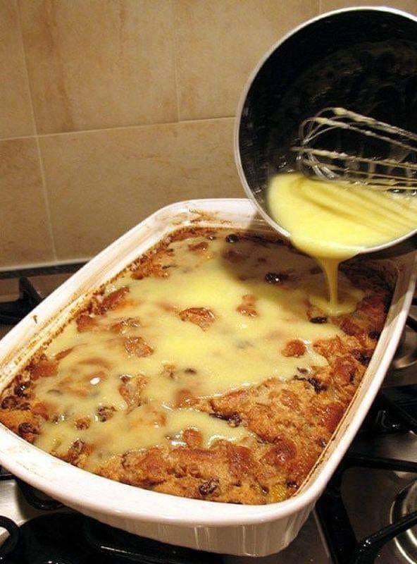 Grandmas Old-Fashioned Bread Pudding with Vanilla Sauce