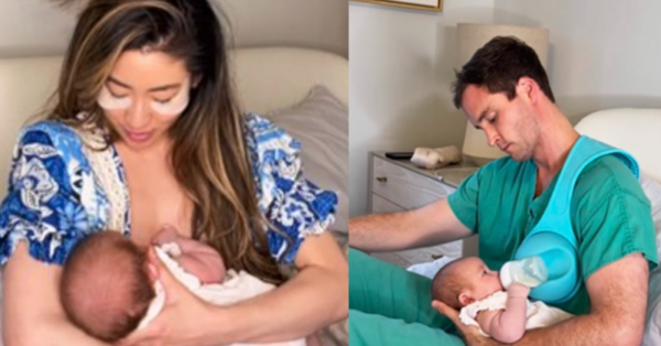 Mom is happy and excited about a video where her husband is using a special tool to feed their baby